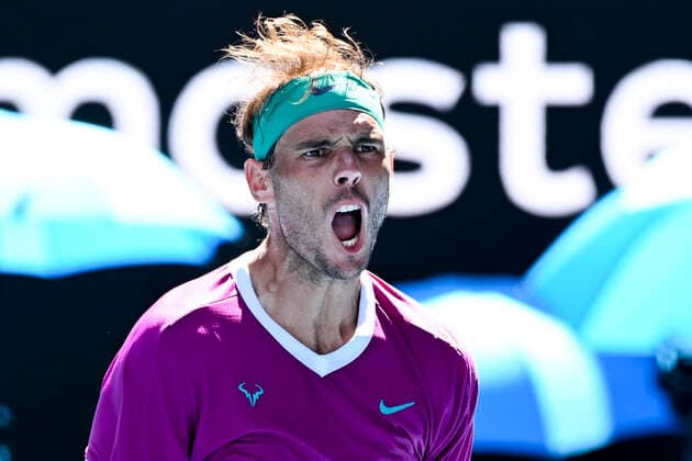 TENNIS AUSTRALIAN OPEN, Rafael Nadal of Spain reacts after winning the first set during the 4th round match against Adrian Mannarino of France on Day 7 of the Australian Open at Melbourne Park in Melbourne, Sunday, January 23, 2022. ( NO ARCHIVING, EDITORIAL USE ONLY, NO USE IN BOOKS WITHOUT CONSENT MELBOURNE VIC AUSTRALIA  Copyright: xDAVExHUNTx 20220123001616129898