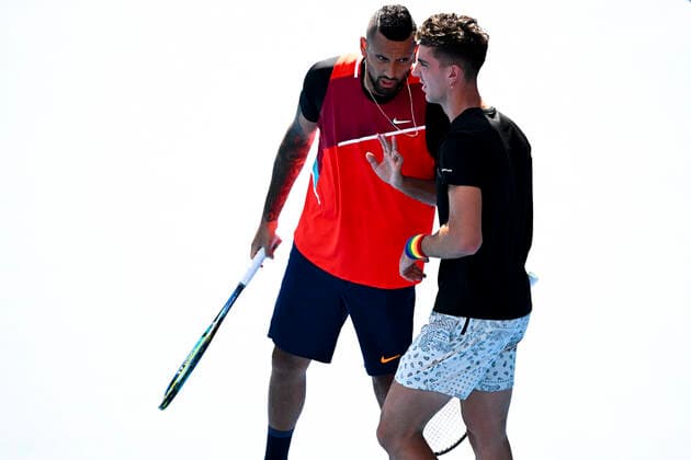 TENNIS AUSTRALIAN OPEN, Thanasi Kokkinakis (right) and Nick Kyrgios of Australia react during the 3th round Men?s Doubles match against Ariel Behar of Uruguay and Gonzalo Escobar of Ecuador on Day 7 of the Australian Open at Melbourne Park in Melbourne, Sunday, January 23, 2022. ( NO ARCHIVING, EDITORIAL USE ONLY, NO USE IN BOOKS WITHOUT CONSENT MELBOURNE VIC AUSTRALIA  Copyright: xDAVExHUNTx 20220123001616131638