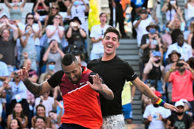 TENNIS AUSTRALIAN OPEN, Thanasi Kokkinakis (right) and Nick Kyrgios of Australia celebrate after winning the 3th round Men?s Doubles match against Ariel Behar of Uruguay and Gonzalo Escobar of Ecuador on Day 7 of the Australian Open at Melbourne Park in Melbourne, Sunday, January 23, 2022. ( NO ARCHIVING, EDITORIAL USE ONLY, NO USE IN BOOKS WITHOUT CONSENT MELBOURNE VIC AUSTRALIA  Copyright: xDAVExHUNTx 20220123001616146762