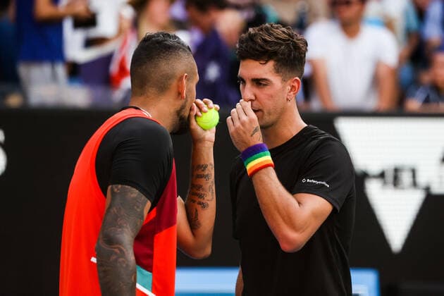 January 23, 2022: MELBOURNE, AUSTRALIA - JANUARY 23: Nick Kyrgios of Australia with Thanasi Kokkinakis of Australia, against Ariel Behar of Uruguay and Gonzalo Escobar of Ecudor in the 2022 Australian Open at Melbourne Park on January 23, 2022 in Melbourne, Australia. - ZUMAp121 20220123_zsp_p121_167 Copyright: xChrisxPutnamx