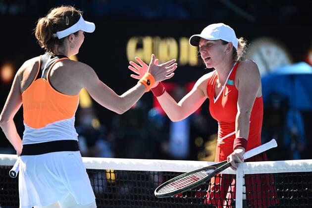 TENNIS AUSTRALIAN OPEN, Alize Cornet (left) of France is congratulated by Simona Halep (right) of Romania after winning her 4th round match on Day 8 of the Australian Open, at Melbourne Park, in Melbourne, Monday, January 24, 2022. ( NO ARCHIVING, EDITORIAL USE ONLY, NO USE IN BOOKS WITHOUT CONSENT MELBOURNE VIC AUSTRALIA  Copyright: xDAVExHUNTx 20220124001616514546