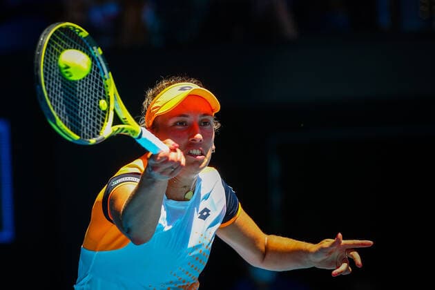 Belgian Elise Mertens pictured in action during a round of sixteen game in the women sigles, between Belgian Mertens and US Collins at the Australian Open Grand Slam tennis tournament, Monday 24 January 2022 in Melbourne Park, Melbourne, Australia. The 2022 edition of the Australian Grand Slam takes place from January 17th to January 30th. PATRICKxHAMILTON  x5148702x