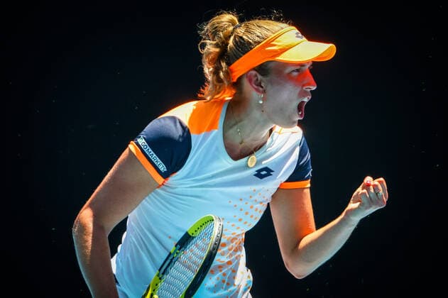 Belgian Elise Mertens reacts during a round of sixteen game in the women sigles, between Belgian Mertens and US Collins at the Australian Open Grand Slam tennis tournament, Monday 24 January 2022 in Melbourne Park, Melbourne, Australia. The 2022 edition of the Australian Grand Slam takes place from January 17th to January 30th. PATRICKxHAMILTON  x5148826x