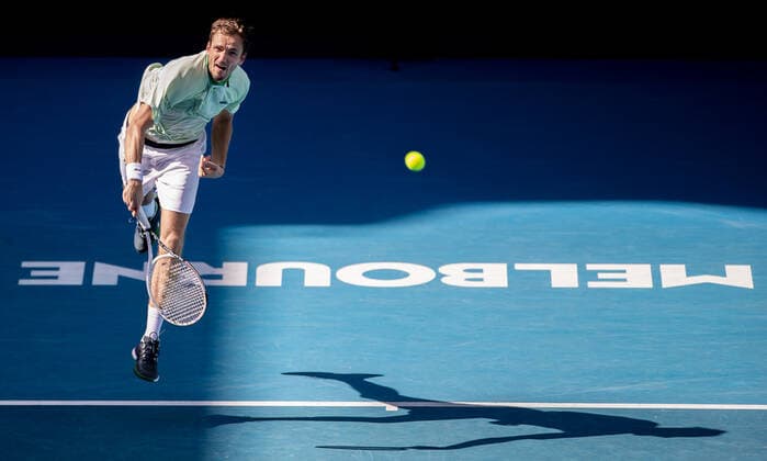 (220124) -- MELBOURNE, Jan. 24, 2022 -- Daniil Medvedev of Russia competes during the men s singles 4th round match against Maxime Cressy of the United States at Australian Open in Melbourne, Australia, on Jan. 24, 2022. (Photo by Xinhua) (SP)AUSTRALIA-MELBOURNE-TENNIS-AUSTRALIAN OPEN-MEN S SINGLES-4TH ROUND HuxJingchen 