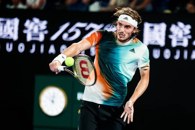 January 24, 2022, Melbourne, Victoria, Australia: STEFANOS TSITSIPAS of Greece in his match against T. Fritz of the USA on day 8 of the 2022 Australian Open at Melbourne Park in Melbourne, Australia. Tsitsipas won 4:6, 6:4, 4:6, 6:3, 6:4. Melbourne Australia - ZUMAp121 20220124_zsp_p121_124 Copyright: xChrisxPutnamx