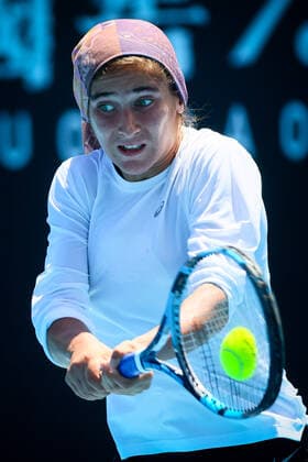 Iranian Meshkatolzahra Safi pictured in action during a second round game in the girls singles between Belgian Costoulas and Italian Safi at the Australian Open Grand Slam tennis tournament, Tuesday 25 January 2022 in Melbourne Park, Melbourne, Australia. The 2022 edition of the Australian Grand Slam takes place from January 17th to January 30th. PATRICKxHAMILTON  x5433643x