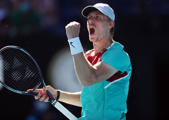 Mandatory Credit: Photo by Ella Ling Shutterstock (12773750dk) Denis Shapovalov celebrates winning the third set during his quarter-final match Australian Open, Day Nine, Tennis, Melbourne Park, Melbourne, Australia - 25 Jan 2022 Australian Open, Day Nine, Tennis, Melbourne Park, Melbourne, Australia - 25 Jan 2022 Copyright: xEllaxLing Shutterstockx 12773750dk