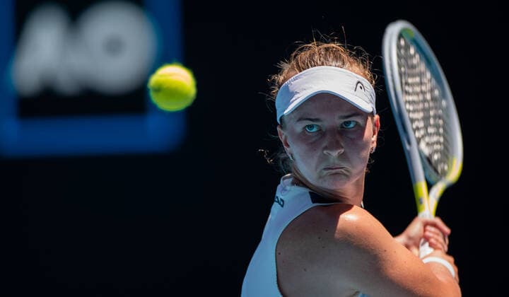 (220125) -- MELBOURNE, Jan. 25, 2022 -- Barbora Krejcikova of the Czech Republic competes during the women s singles quarterfinal match against Madison Keys of the United States at Australian Open in Melbourne, Australia, Jan. 25, 2022. (Photo by Xinhua) (SP)AUSTRALIA-MELBOURNE-TENNIS-AUSTRALIAN OPEN HuxJingchen 