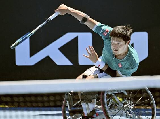 Tennis: Australian Open Shingo Kunieda of Japan plays in his wheelchair singles semifinal match against Tom Egberink of the Netherlands at the Australian Open tennis championships in Melbourne on Jan. 25, 2022.  A14AA0001200685P
