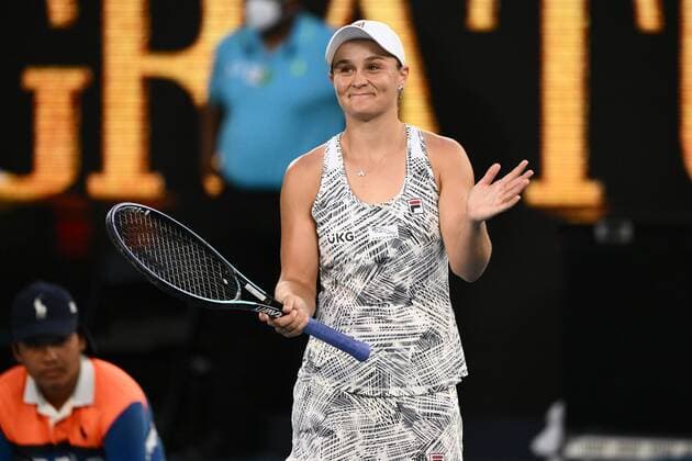 Mandatory Credit: Photo by James Gourley Shutterstock (12773752fv) Ashleigh Barty celebrates victory in her quarter-final match Australian Open, Day Nine, Tennis, Melbourne Park, Melbourne, Australia - 25 Jan 2022 Australian Open, Day Nine, Tennis, Melbourne Park, Melbourne, Australia - 25 Jan 2022 Copyright: xJamesxGourley Shutterstockx 12773752fv