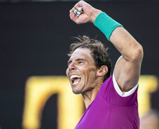 (220125) -- MELBOURNE, Jan. 25, 2022 -- Rafael Nadal of Spain celebrates after the men s singles quarterfinal match against Denis Shapovalov of Canada at Australian Open in Melbourne, Australia, Jan. 25, 2022. (Photo by Xinhua) (SP)AUSTRALIA-MELBOURNE-TENNIS-AUSTRALIAN OPEN-MEN S SINGLES HuxJingchen 