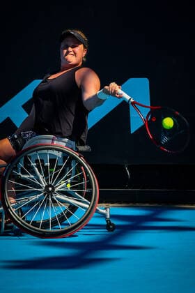 Dutch Aniek Van Koot WTA, Tennis Damen 3) pictured in action during a wheelchair tennis match between South African Montjane and Dutch Van Koot at the Australian Open Grand Slam tennis tournament, Tuesday 25 January 2022 in Melbourne Park, Melbourne, Australia. The 2022 edition of the Australian Grand Slam takes place from January 17th to January 30th. PATRICKxHAMILTON  x5501634x