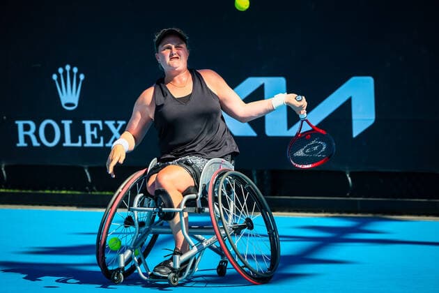 Dutch Aniek Van Koot WTA, Tennis Damen 3) pictured in action during a wheelchair tennis match between South African Montjane and Dutch Van Koot at the Australian Open Grand Slam tennis tournament, Tuesday 25 January 2022 in Melbourne Park, Melbourne, Australia. The 2022 edition of the Australian Grand Slam takes place from January 17th to January 30th. PATRICKxHAMILTON  x5501646x