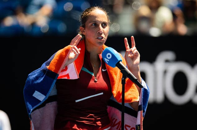 January 25, 2022, MELBOURNE, AUSTRALIA: Madison Keys of the United States in action during the quarter-final round at the 2022 Australian Open Grand Slam Tennis Tournament against Barbora Krejcikova of the Czech Republic MELBOURNE AUSTRALIA - ZUMAa181 20220125_zaa_a181_022 Copyright: xRobxPrangex