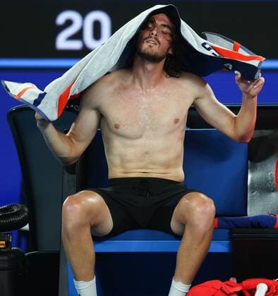 Mandatory Credit: Photo by Ella Ling Shutterstock (12773755cg) Stefanos Tsitsipas during his quarter final match Australian Open, Day Ten, Tennis, Melbourne Park, Melbourne, Australia - 26 Jan 2022 Australian Open, Day Ten, Tennis, Melbourne Park, Melbourne, Australia - 26 Jan 2022 Copyright: xEllaxLing Shutterstockx 12773755cg