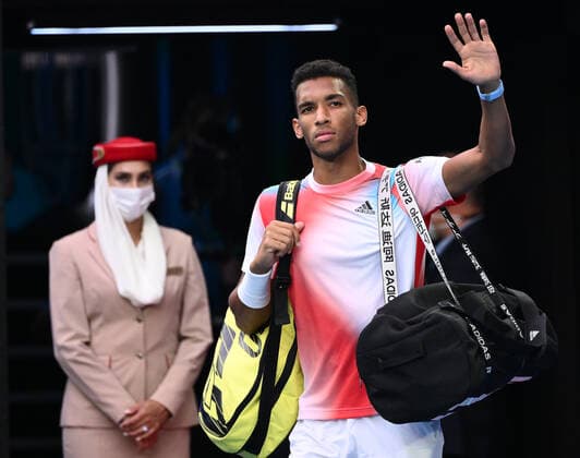 Mandatory Credit: Photo by James Gourley Shutterstock (12773754dw) Felix Auger-Aliassime ahead of his quarter final match Australian Open, Day Ten, Tennis, Melbourne Park, Melbourne, Australia - 26 Jan 2022 Australian Open, Day Ten, Tennis, Melbourne Park, Melbourne, Australia - 26 Jan 2022 Copyright: xJamesxGourley Shutterstockx 12773754dw