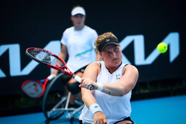 Dutch pair Diede De Groot WTA, Tennis Damen 1) and Aniek Van Koot (WTA 3) pictured in action during the final of the women s wheelchair doubles between Dutch pair De Groot Van Koot and Japanese British pair Kamiji Shuker at the Australian Open Grand Slam tennis tournament, Wednesday 26 January 2022 in Melbourne Park, Melbourne, Australia. The 2022 edition of the Australian Grand Slam takes place from January 17th to January 30th. PATRICKxHAMILTON  x5735796x