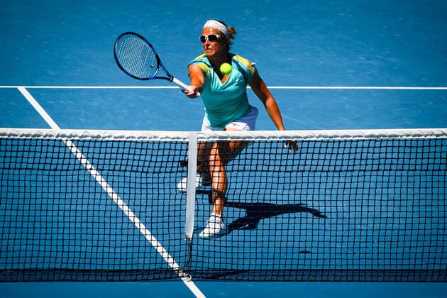 Kirsten Flipkens WTA, Tennis Damen 258) pictured in action during the women s doubles quarterfinals game between Belgian-Russian pair Mertens-Kudermetova and the Belgian-Spanish pair Flipkens-Sorribes Tormo, at the Australian Open Grand Slam tennis tournament, Wednesday 26 January 2022 in Melbourne Park, Melbourne, Australia. The 2022 edition of the Australian Grand Slam takes place from January 17th to January 30th. PATRICKxHAMILTON  x5746979x