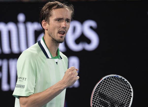 (220126) -- MELBOURNE, Jan. 26, 2022 -- Daniil Medvedev of Russia celebrates during the men s single match between Felix Auger-Aliassime of Canada and Daniil Medvedev of Russia at Australian Open in Melbourne Park, in Melbourne, Australia, on Jan. 26, 2022. (Photo by Xinhua) (SP)AUSTRALIA-MELBOURNE-TENNIS-AUSTRALIAN OPEN-MEN S SINGLES-QUARTERFINALS HuxJingchen 