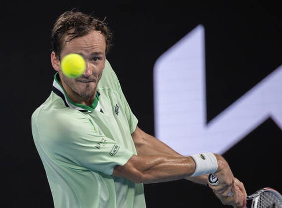 (220126) -- MELBOURNE, Jan. 26, 2022 -- Daniil Medvedev of Russia competes during the men s single match between Felix Auger-Aliassime of Canada and Daniil Medvedev of Russia at Australian Open in Melbourne Park, in Melbourne, Australia, on Jan. 26, 2022. (Photo by Xinhua) (SP)AUSTRALIA-MELBOURNE-TENNIS-AUSTRALIAN OPEN-MEN S SINGLES-QUARTERFINALS HuxJingchen 