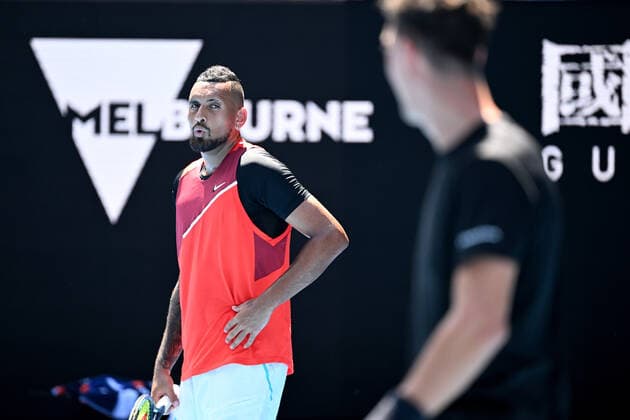 TENNIS AUSTRALIAN OPEN, Nick Kyrgios (left) and Thanasi Kokkinakis of Australia during their Men?s doubles semifinal match against Marcel Granollers of Spain and Horacio Zeballos of Argentina on Day 11 of the Australian Open, at Melbourne Park, in Melbourne, Thursday, January 27, 2022. ( NO ARCHIVING, EDITORIAL USE ONLY, NO USE IN BOOKS WITHOUT CONSENT MELBOURNE VIC AUSTRALIA  Copyright: xDAVExHUNTx 20220127001617503579