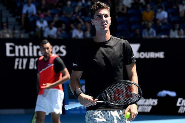 TENNIS AUSTRALIAN OPEN, Nick Kyrgios (left) and Thanasi Kokkinakis of Australia during their Men?s doubles semifinal match against Marcel Granollers of Spain and Horacio Zeballos of Argentina on Day 11 of the Australian Open, at Melbourne Park, in Melbourne, Thursday, January 27, 2022. ( NO ARCHIVING, EDITORIAL USE ONLY, NO USE IN BOOKS WITHOUT CONSENT MELBOURNE VIC AUSTRALIA  Copyright: xDAVExHUNTx 20220127001617503620