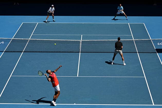 TENNIS AUSTRALIAN OPEN, Nick Kyrgios (left) and Thanasi Kokkinakis of Australia during their Men?s doubles semifinal match against Marcel Granollers of Spain and Horacio Zeballos of Argentina on Day 11 of the Australian Open, at Melbourne Park, in Melbourne, Thursday, January 27, 2022. ( NO ARCHIVING, EDITORIAL USE ONLY, NO USE IN BOOKS WITHOUT CONSENT MELBOURNE VIC AUSTRALIA  Copyright: xDEANxLEWINSx 20220127001617504611