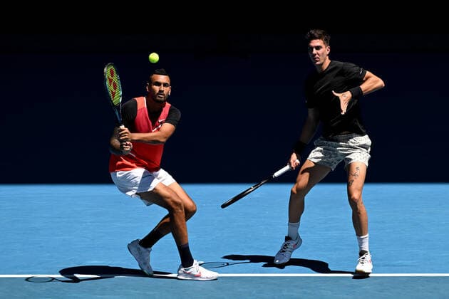 TENNIS AUSTRALIAN OPEN, Nick Kyrgios (left) and Thanasi Kokkinakis of Australia during their Men?s doubles semifinal match against Marcel Granollers of Spain and Horacio Zeballos of Argentina on Day 11 of the Australian Open, at Melbourne Park, in Melbourne, Thursday, January 27, 2022. ( NO ARCHIVING, EDITORIAL USE ONLY, NO USE IN BOOKS WITHOUT CONSENT MELBOURNE VIC AUSTRALIA  Copyright: xDEANxLEWINSx 20220127001617504641