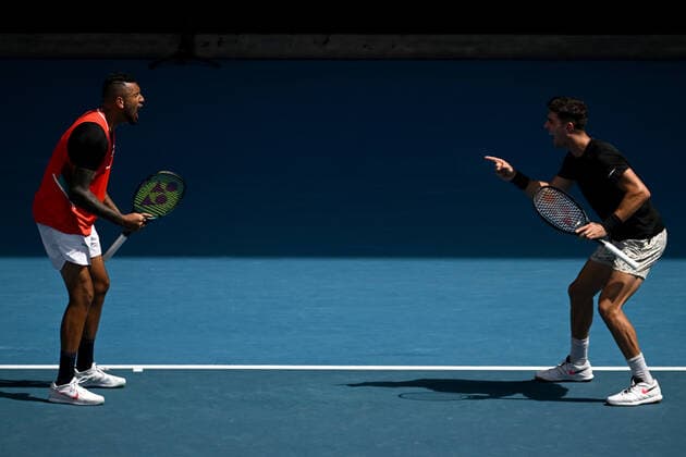 TENNIS AUSTRALIAN OPEN, Nick Kyrgios (left) and Thanasi Kokkinakis of Australia react during their Men?s doubles semifinal match against Marcel Granollers of Spain and Horacio Zeballos of Argentina on Day 11 of the Australian Open, at Melbourne Park, in Melbourne, Thursday, January 27, 2022. ( NO ARCHIVING, EDITORIAL USE ONLY, NO USE IN BOOKS WITHOUT CONSENT MELBOURNE VIC AUSTRALIA  Copyright: xDEANxLEWINSx 20220127001617507410