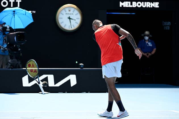 TENNIS AUSTRALIAN OPEN, Nick Kyrgios of Australia throws his racquet during his Men?s doubles semifinal match with and Thanasi Kokkinakis, against Marcel Granollers of Spain and Horacio Zeballos of Argentina on Day 11 of the Australian Open, at Melbourne Park, in Melbourne, Thursday, January 27, 2022. ( NO ARCHIVING, EDITORIAL USE ONLY, NO USE IN BOOKS WITHOUT CONSENT MELBOURNE VIC AUSTRALIA  Copyright: xDAVExHUNTx 20220127001617508996