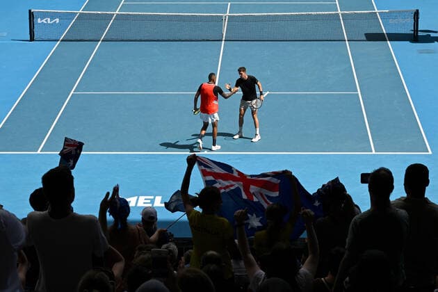 TENNIS AUSTRALIAN OPEN, Nick Kyrgios (left) and Thanasi Kokkinakis of Australia during their Men?s doubles semifinal match against Marcel Granollers of Spain and Horacio Zeballos of Argentina on Day 11 of the Australian Open, at Melbourne Park, in Melbourne, Thursday, January 27, 2022. ( NO ARCHIVING, EDITORIAL USE ONLY, NO USE IN BOOKS WITHOUT CONSENT MELBOURNE VIC AUSTRALIA  Copyright: xDEANxLEWINSx 20220127001617509537