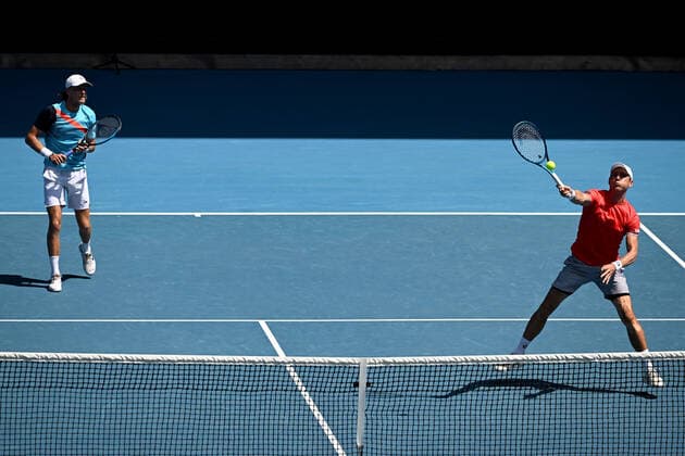 TENNIS AUSTRALIAN OPEN, Matthew Ebden (right) and Max Purcell of Australia during their Men?s doubles semifinal match against Rajeev Ram of the USA and Joe Salisbury of Great Britain on Day 11 of the Australian Open, at Melbourne Park, in Melbourne, Thursday, January 27, 2022. ( NO ARCHIVING, EDITORIAL USE ONLY, NO USE IN BOOKS WITHOUT CONSENT MELBOURNE VIC AUSTRALIA  Copyright: xDEANxLEWINSx 20220127001617513956
