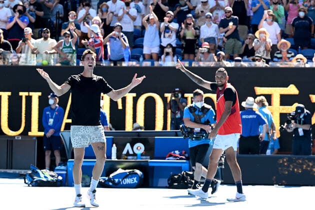 TENNIS AUSTRALIAN OPEN, Thanasi Kokkinakis (left) and Nick Kyrgios of Australia gesture to the crowd after winning their Men?s doubles semifinal match against Marcel Granollers of Spain and Horacio Zeballos of Argentina on Day 11 of the Australian Open, at Melbourne Park, in Melbourne, Thursday, January 27, 2022. ( NO ARCHIVING, EDITORIAL USE ONLY, NO USE IN BOOKS WITHOUT CONSENT MELBOURNE VIC AUSTRALIA  Copyright: xDAVExHUNTx 20220127001617514911