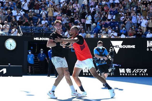 TENNIS AUSTRALIAN OPEN, Nick Kyrgios (right) and Thanasi Kokkinakis of Australia celebrate after winning their Men?s doubles semifinal match against Marcel Granollers of Spain and Horacio Zeballos of Argentina on Day 11 of the Australian Open, at Melbourne Park, in Melbourne, Thursday, January 27, 2022. ( NO ARCHIVING, EDITORIAL USE ONLY, NO USE IN BOOKS WITHOUT CONSENT MELBOURNE VIC AUSTRALIA  Copyright: xDAVExHUNTx 20220127001617515203