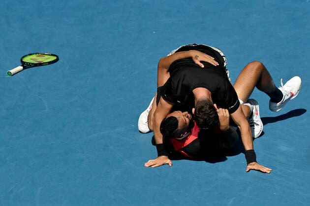 TENNIS AUSTRALIAN OPEN, Nick Kyrgios and Thanasi Kokkinakis of Australia celebrate after winning their Men?s doubles semifinal match against Marcel Granollers of Spain and Horacio Zeballos of Argentina on Day 11 of the Australian Open, at Melbourne Park, in Melbourne, Thursday, January 27, 2022. ( NO ARCHIVING, EDITORIAL USE ONLY, NO USE IN BOOKS WITHOUT CONSENT MELBOURNE VIC AUSTRALIA  Copyright: xJOELxCARRETTx 20220127001617521563