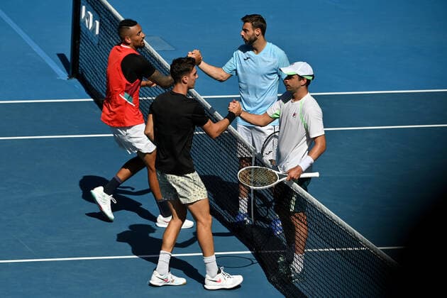 TENNIS AUSTRALIAN OPEN, Nick Kyrgios and Thanasi Kokkinakis of Australia shake hands with Marcel Granollers of Spain and Horacio Zeballos of Argentina following their Men?s doubles semifinal match on Day 11 of the Australian Open, at Melbourne Park, in Melbourne, Thursday, January 27, 2022. ( NO ARCHIVING, EDITORIAL USE ONLY, NO USE IN BOOKS WITHOUT CONSENT MELBOURNE VIC AUSTRALIA  Copyright: xJOELxCARRETTx 20220127001617521688