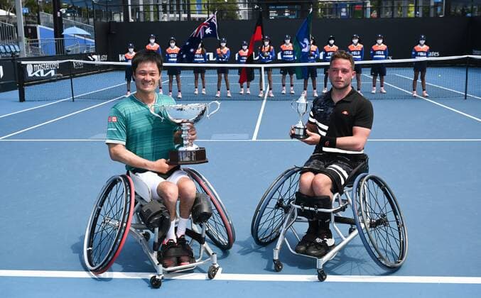 Mandatory Credit: Photo by James Gourley Shutterstock (12773760cg) Shingo Kunieda and runner up Alfie Hewett Australian Open, Day Eleven, Tennis, Melbourne Park, Melbourne, Australia - 27 Jan 2022 Australian Open, Day Eleven, Tennis, Melbourne Park, Melbourne, Australia - 27 Jan 2022 Copyright: xJamesxGourley Shutterstockx 12773760cg