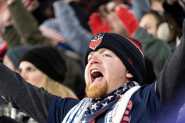 January 27, 2022: A USA fan reacts to a goal from United States Defender Antonee Robinson (5). The United States MenÃ¢â‚¬â ¢s national team, Nationalteam defeated El Salvador 1-0 at Lower.com Field in Columbus, Ohio. Billy Schuerman CSM Columbus USA - ZUMAc04_ 20220127_zaf_c04_019 Copyright: xBillyxSchuermanx xCalxSportxMedix