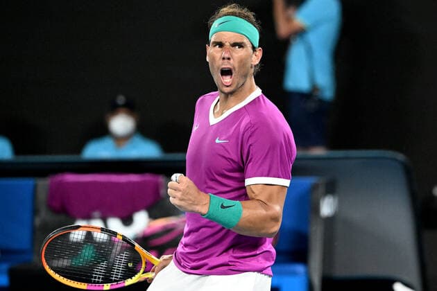 TENNIS AUSTRALIAN OPEN, Rafael Nadal of Spain reacts during his Men?s semifinal match against Matteo Berrettini of Italy on Day 12 of the Australian Open, at Melbourne Park, in Melbourne, Friday, January 28, 2022. ( NO ARCHIVING, EDITORIAL USE ONLY, NO USE IN BOOKS WITHOUT CONSENT MELBOURNE VIC AUSTRALIA  Copyright: xDAVExHUNTx 20220128001617793799