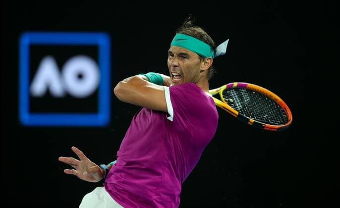 Mandatory Credit: Photo by Ella Ling Shutterstock (12775251b) Rafael Nadal in semi final action Australian Open, Day Twelve, Tennis, Melbourne Park, Melbourne, Australia - 28 Jan 2022 Australian Open, Day Twelve, Tennis, Melbourne Park, Melbourne, Australia - 28 Jan 2022  Copyright: xEllaxLing Shutterstockx 12775251b