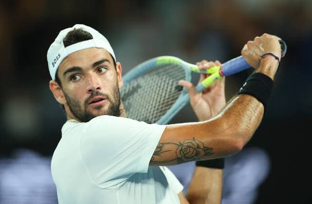 Mandatory Credit: Photo by Ella Ling Shutterstock (12775251c) Matteo Berrettini in semi final action Australian Open, Day Twelve, Tennis, Melbourne Park, Melbourne, Australia - 28 Jan 2022 Australian Open, Day Twelve, Tennis, Melbourne Park, Melbourne, Australia - 28 Jan 2022  Copyright: xEllaxLing Shutterstockx 12775251c