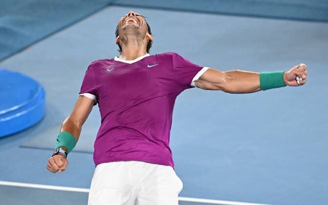 Mandatory Credit: Photo by James Gourley Shutterstock (12775245i) Rafael Nadal celebrates the win Australian Open, Day Twelve, Tennis, Melbourne Park, Melbourne, Australia - 28 Jan 2022 Australian Open, Day Twelve, Tennis, Melbourne Park, Melbourne, Australia - 28 Jan 2022  Copyright: xJamesxGourley Shutterstockx 12775245i