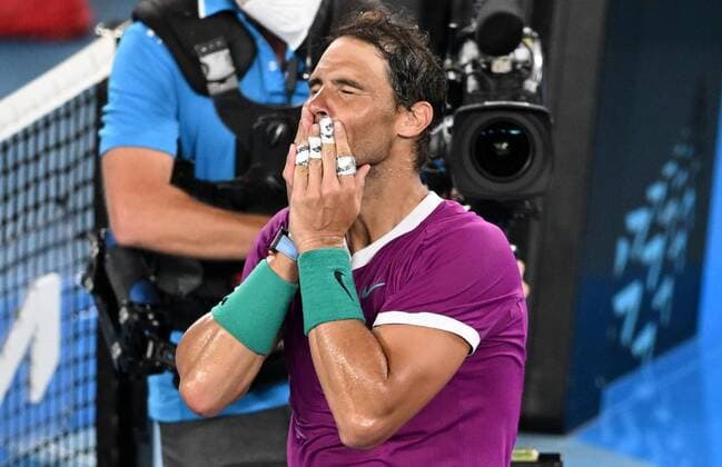 Mandatory Credit: Photo by James Gourley Shutterstock (12775245j) Rafael Nadal celebrates the win Australian Open, Day Twelve, Tennis, Melbourne Park, Melbourne, Australia - 28 Jan 2022 Australian Open, Day Twelve, Tennis, Melbourne Park, Melbourne, Australia - 28 Jan 2022  Copyright: xJamesxGourley Shutterstockx 12775245j