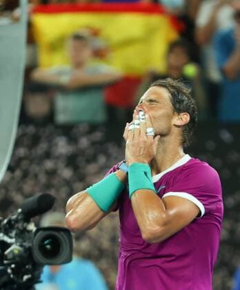 Mandatory Credit: Photo by Ella Ling Shutterstock (12775251q) Rafael Nadal celebrates the win Australian Open, Day Twelve, Tennis, Melbourne Park, Melbourne, Australia - 28 Jan 2022 Australian Open, Day Twelve, Tennis, Melbourne Park, Melbourne, Australia - 28 Jan 2022  Copyright: xEllaxLing Shutterstockx 12775251q