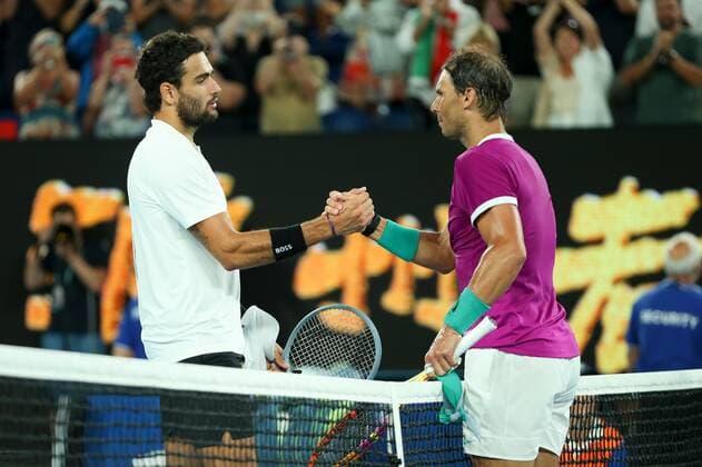 Mandatory Credit: Photo by Ella Ling Shutterstock (12775251aj) Matteo Berrettini congratulates Rafael Nadal at the net Australian Open, Day Twelve, Tennis, Melbourne Park, Melbourne, Australia - 28 Jan 2022 Australian Open, Day Twelve, Tennis, Melbourne Park, Melbourne, Australia - 28 Jan 2022  Copyright: xEllaxLing Shutterstockx 12775251aj