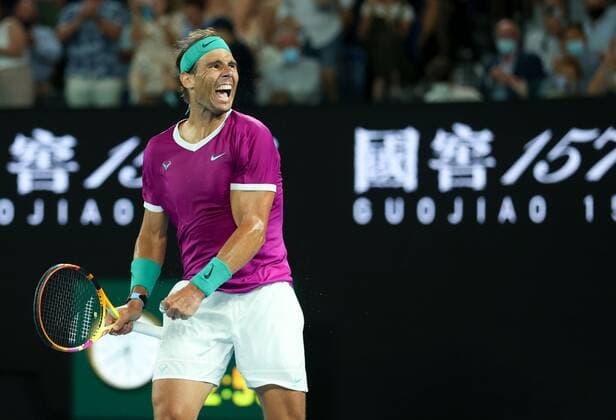 Mandatory Credit: Photo by Ella Ling Shutterstock (12775251ad) Rafael Nadal celebrates the win Australian Open, Day Twelve, Tennis, Melbourne Park, Melbourne, Australia - 28 Jan 2022 Australian Open, Day Twelve, Tennis, Melbourne Park, Melbourne, Australia - 28 Jan 2022  Copyright: xEllaxLing Shutterstockx 12775251ad