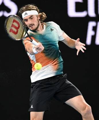Mandatory Credit: Photo by James Gourley Shutterstock (12775245cy) Stefanos Tsitsipas in semi final action Australian Open, Day Twelve, Tennis, Melbourne Park, Melbourne, Australia - 28 Jan 2022 Australian Open, Day Twelve, Tennis, Melbourne Park, Melbourne, Australia - 28 Jan 2022 Copyright: xJamesxGourley Shutterstockx 12775245cy