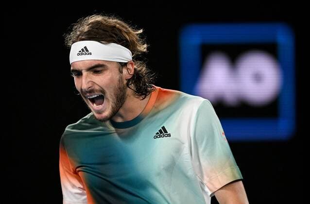Mandatory Credit: Photo by James Gourley Shutterstock (12775245fq) Stefanos Tsitsipas in semi final action Australian Open, Day Twelve, Tennis, Melbourne Park, Melbourne, Australia - 28 Jan 2022 Australian Open, Day Twelve, Tennis, Melbourne Park, Melbourne, Australia - 28 Jan 2022 Copyright: xJamesxGourley Shutterstockx 12775245fq