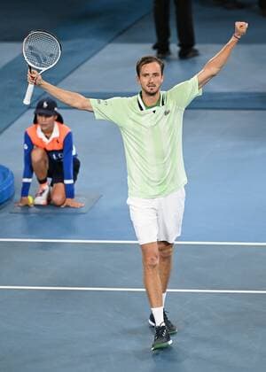 Mandatory Credit: Photo by James Gourley Shutterstock (12775245ga) Daniil Medvedev celebrates his win Australian Open, Day Twelve, Tennis, Melbourne Park, Melbourne, Australia - 28 Jan 2022 Australian Open, Day Twelve, Tennis, Melbourne Park, Melbourne, Australia - 28 Jan 2022 Copyright: xJamesxGourley Shutterstockx 12775245ga