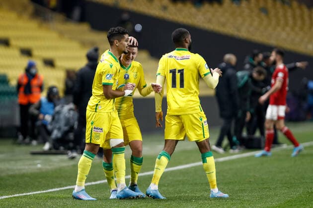 Joie des joueurs de Nantes apres le but de Ludovic Blas (Nantes) FOOTBALL : 8e finale de la Coupe de France - FC Nantes vs Stade Brestois - 28 01 2022 AurelienMorissard Panoramic 
